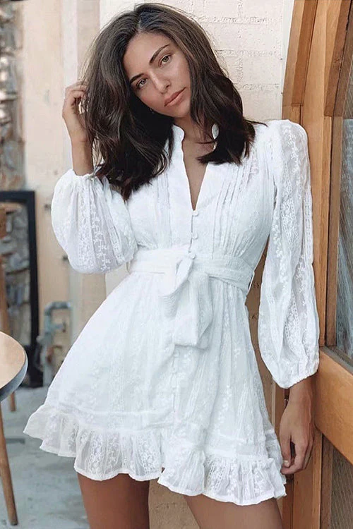 Adorable Darling White Crochet Lace Long Sleeve Mini Dress - Image 11
