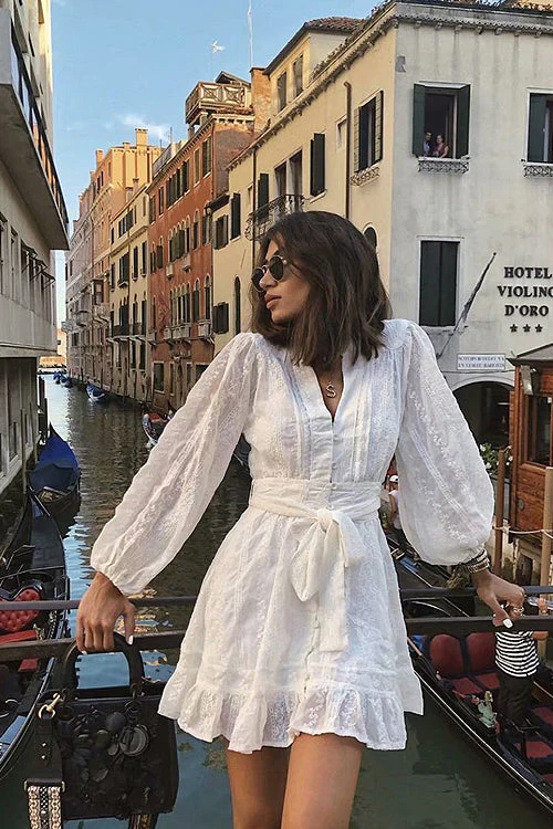 Adorable Darling White Crochet Lace Long Sleeve Mini Dress - Image 3