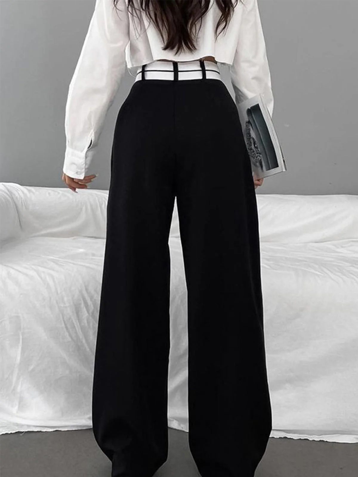 Asymmetrical Contrast Waistband Wide Leg Pants - Image 2