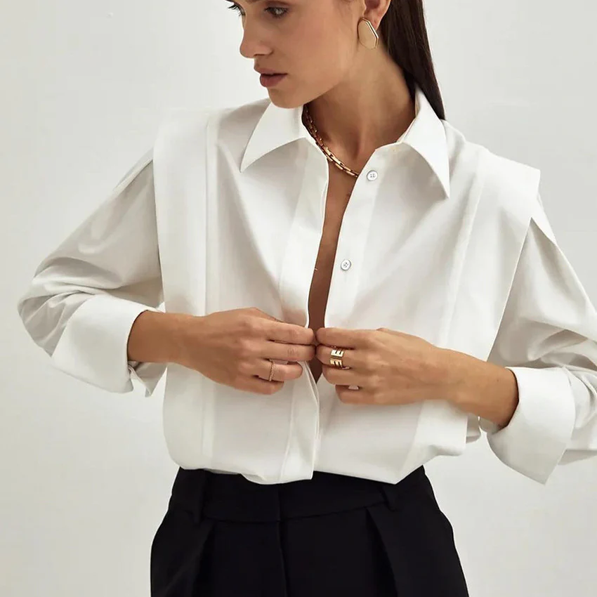 Autumn New Right-Angle Shoulder White Shirt Commuter Temperament Design Sense Niche Long-Sleeved Shirt - Image 2