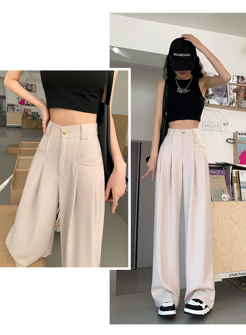 Beige Wide-Leg Slip Pocket Straight Suit Pants - Image 2