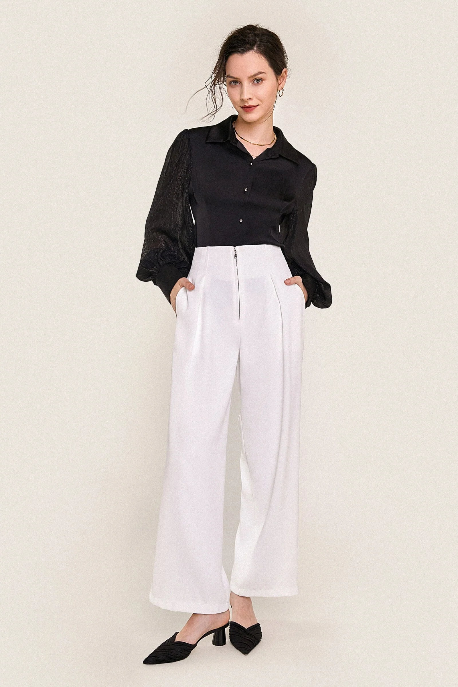Black Button-Up Balloon Sleeve Satin Shirt - Image 2