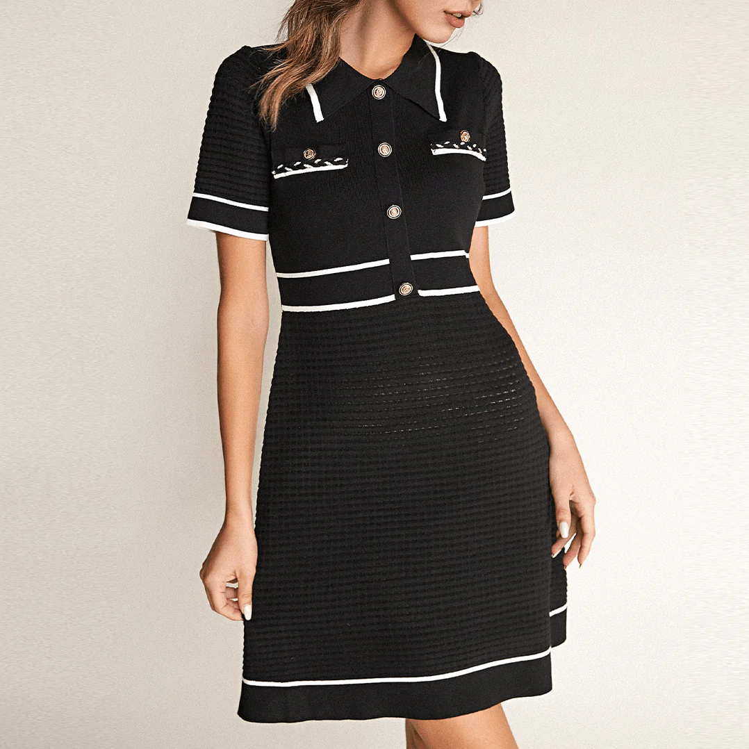 Black Contrast Trim Collared Knitted Mini Dress - Image 7