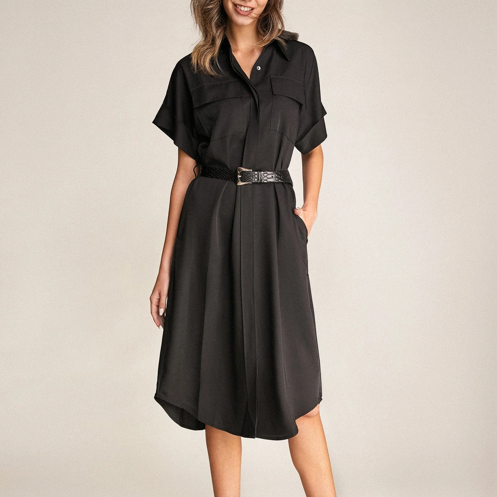 Black Dolman Sleeve Button-Up Tie Waist Shirt Midi Dress - Image 6