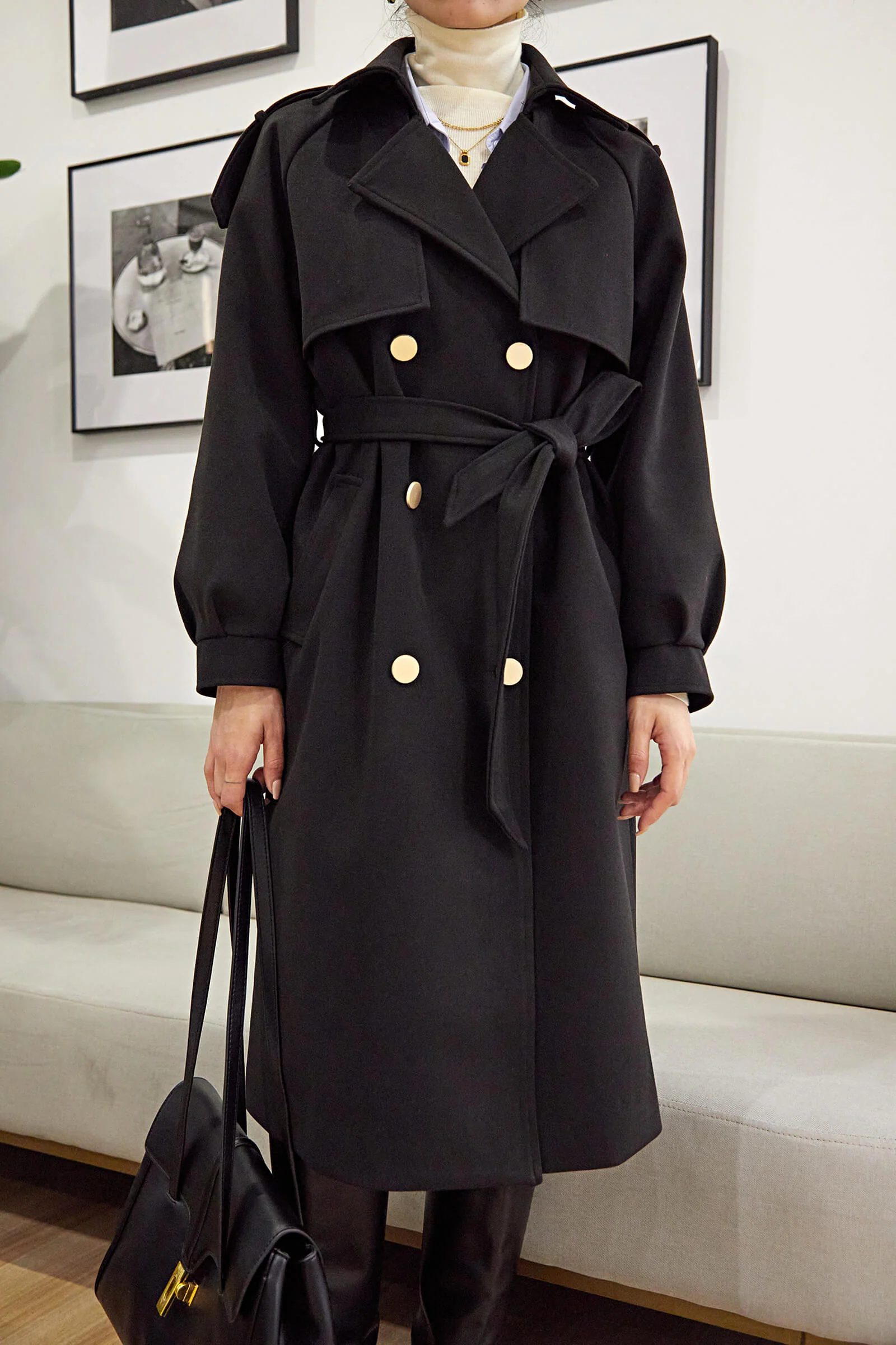 Black Double-Breasted Belted Lapel Collar Longline Coat - Image 7