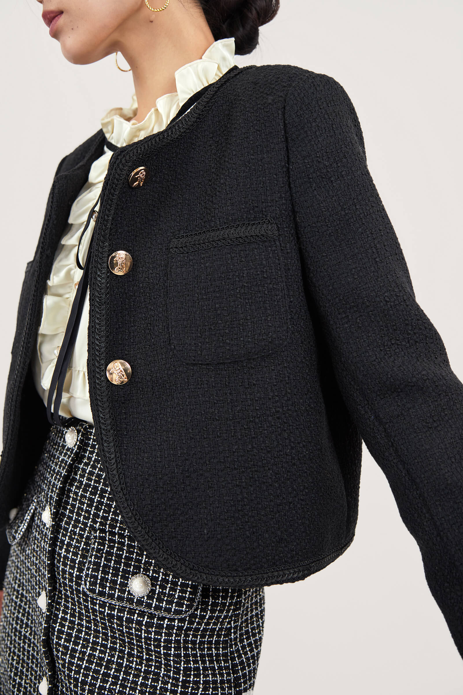 Black Frenchy Button Front Detail Tweed Jacket - Image 2