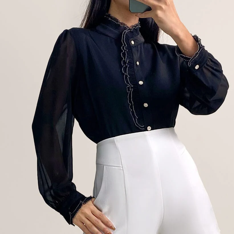 Black High Neck Ruffle Detail Button-Up Work Shirt - Image 7