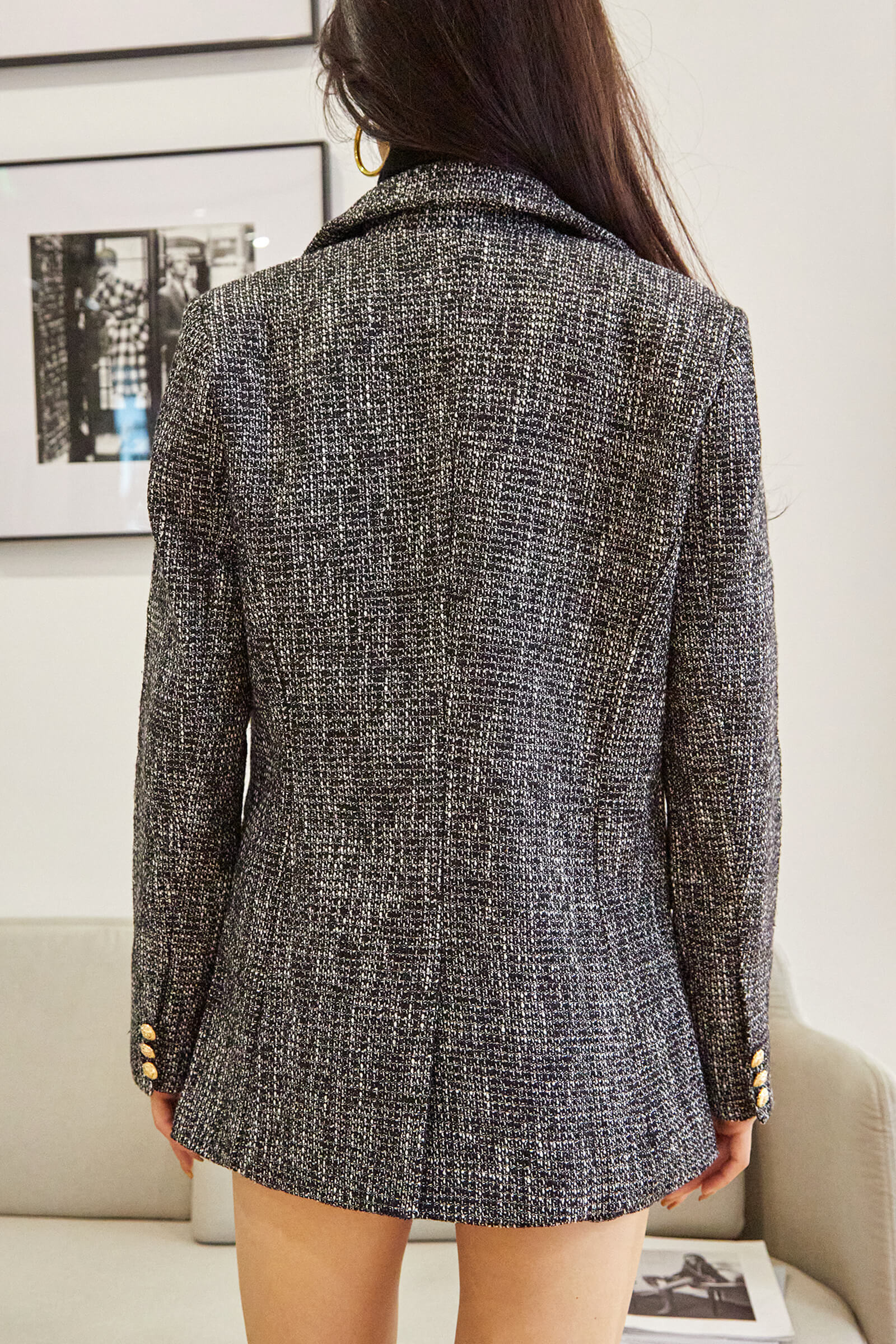 Black Lapel Collar Houndstooth Blazer - Image 10