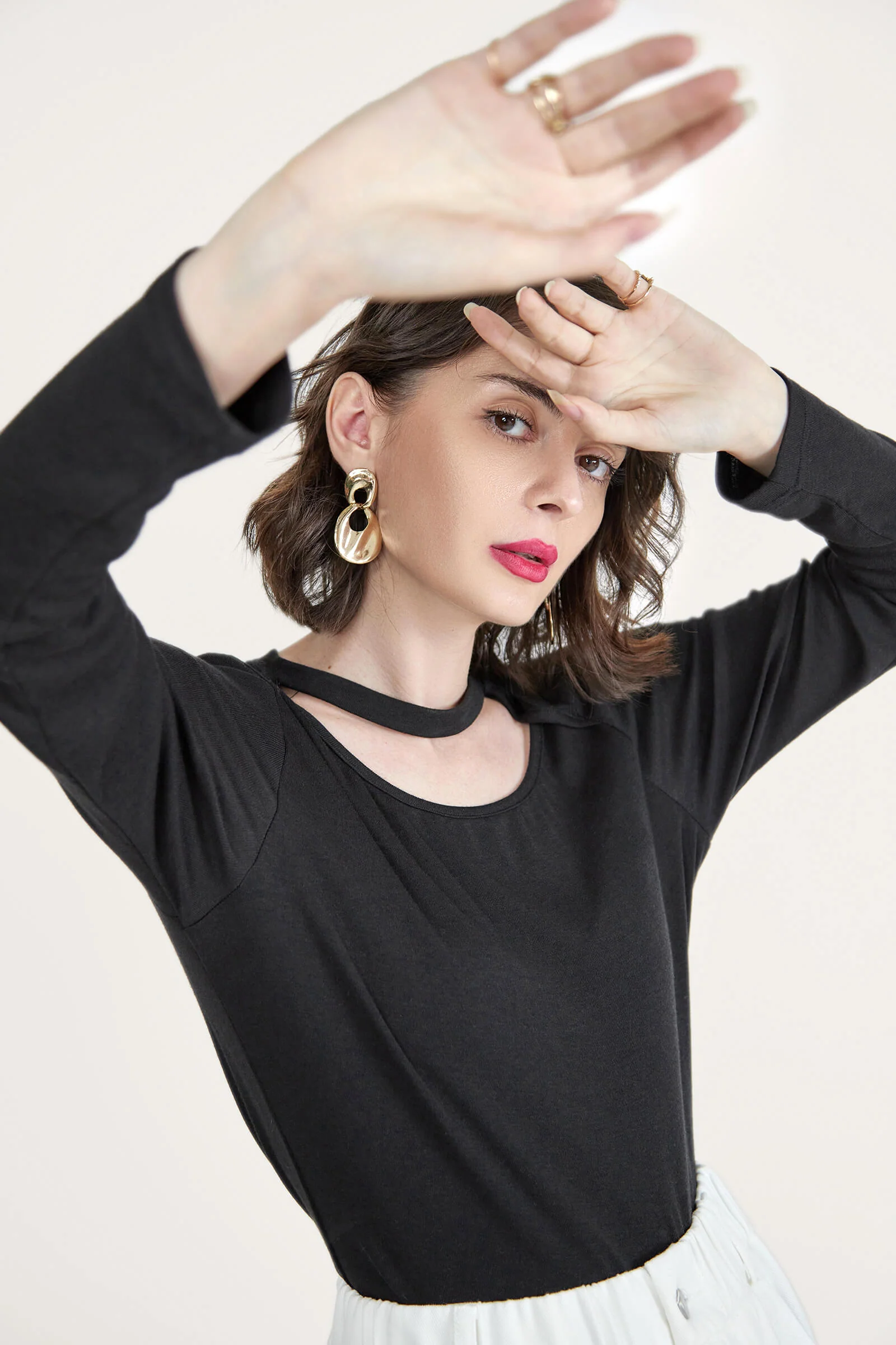 Black Long Sleeve Asymmetric Cut Out Top - Image 2