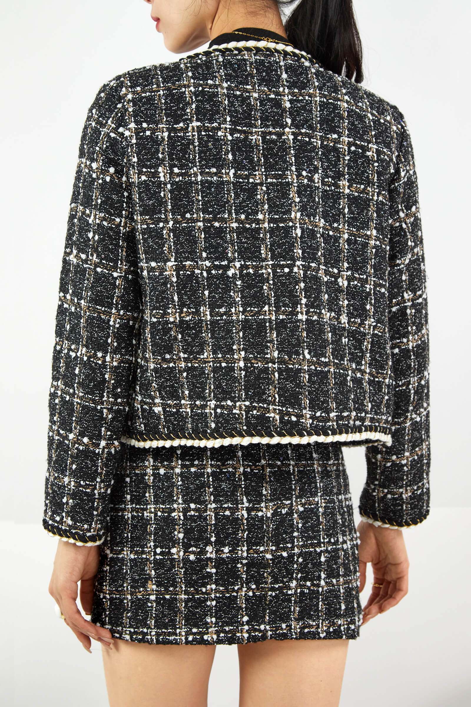 Black Plaid Tweed Fake Flap Pocket Jacket & Skirt Two-Piece Set - Image 5