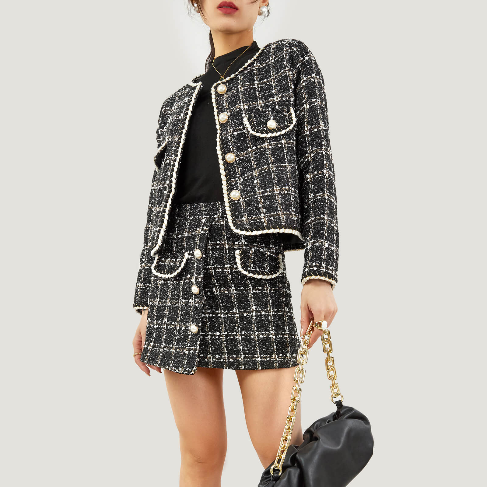Black Plaid Tweed Fake Flap Pocket Jacket & Skirt Two-Piece Set - Image 8