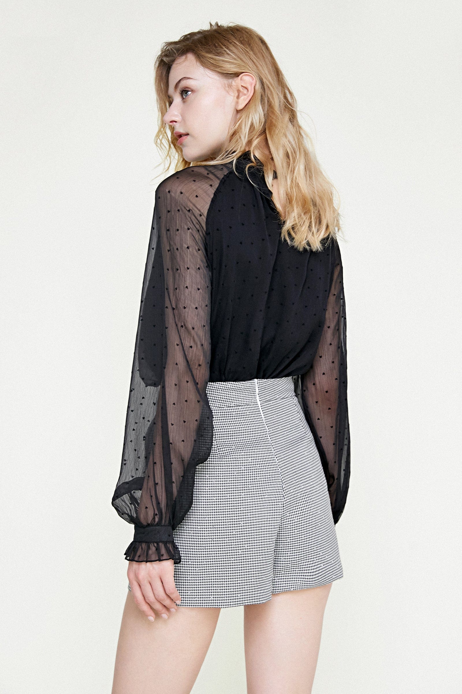 Black Polka Dot Mesh High Neck Blouse - Image 3
