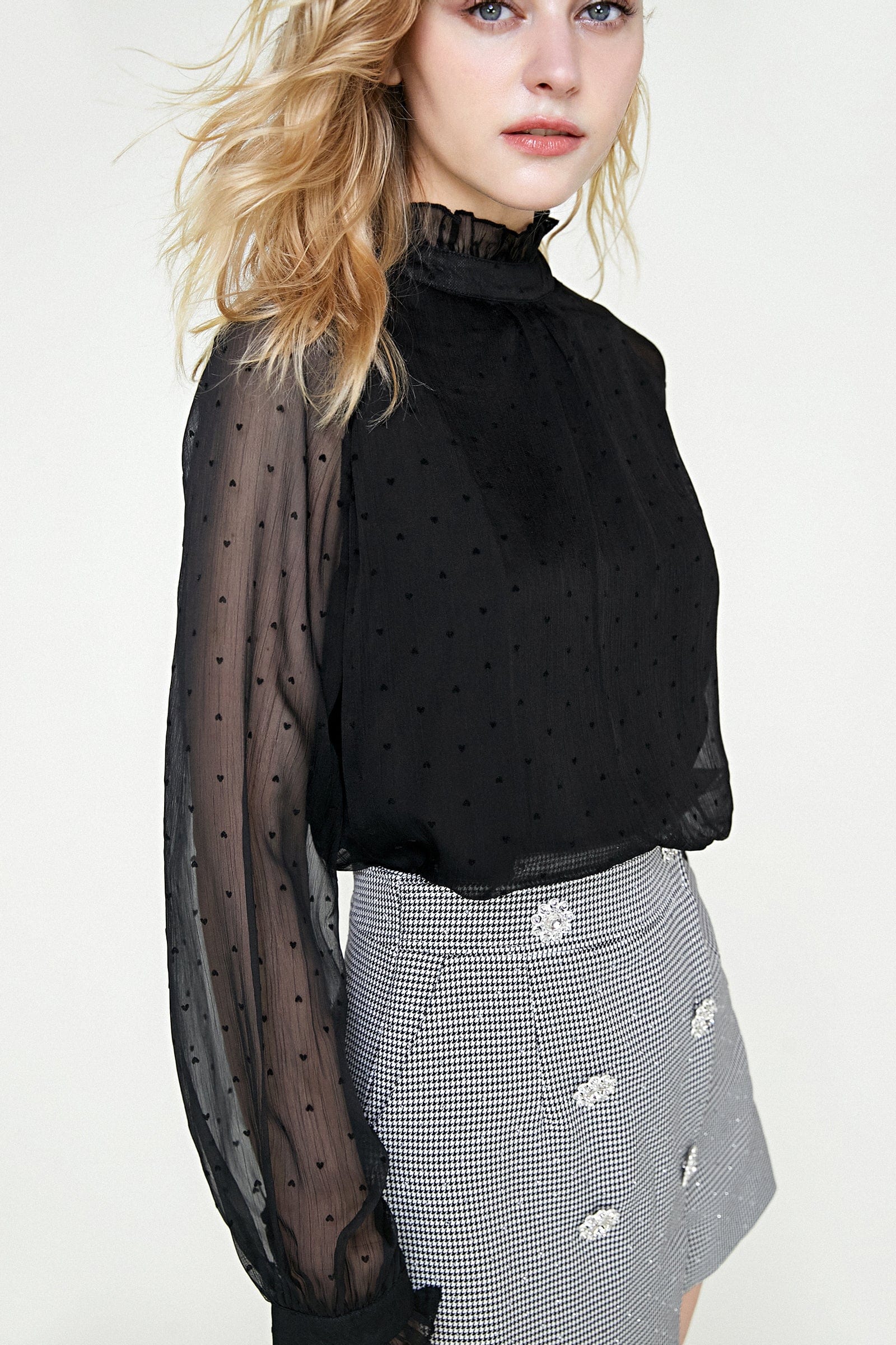 Black Polka Dot Mesh High Neck Blouse - Image 4