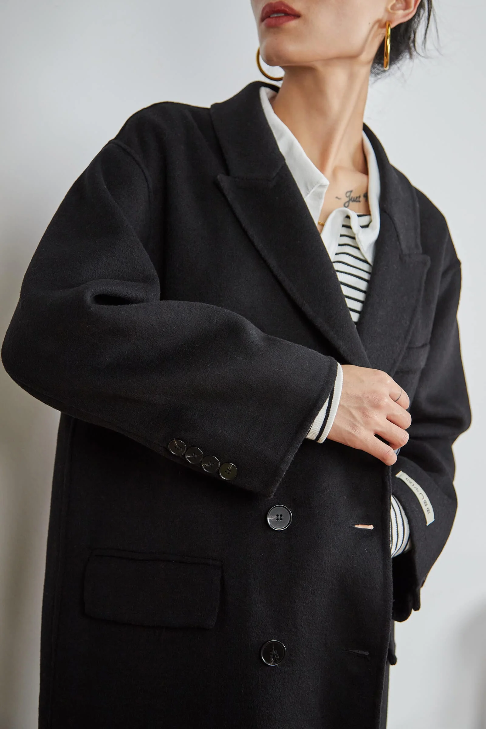 Black Premium Wool Double-Breasted Longline Coat - Image 6