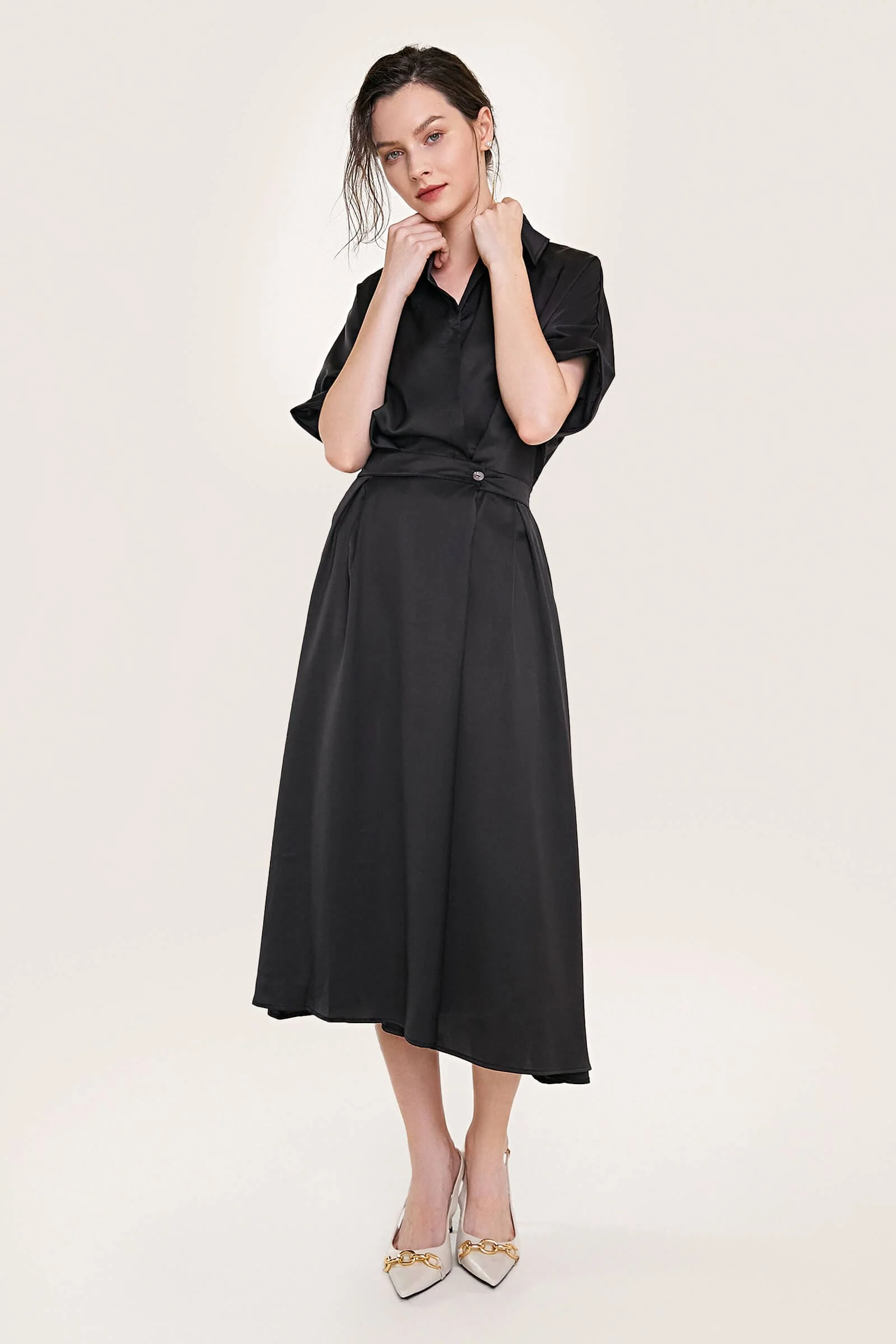 Black Short Sleeve Pleat Detail Shirt Dress - Image 4