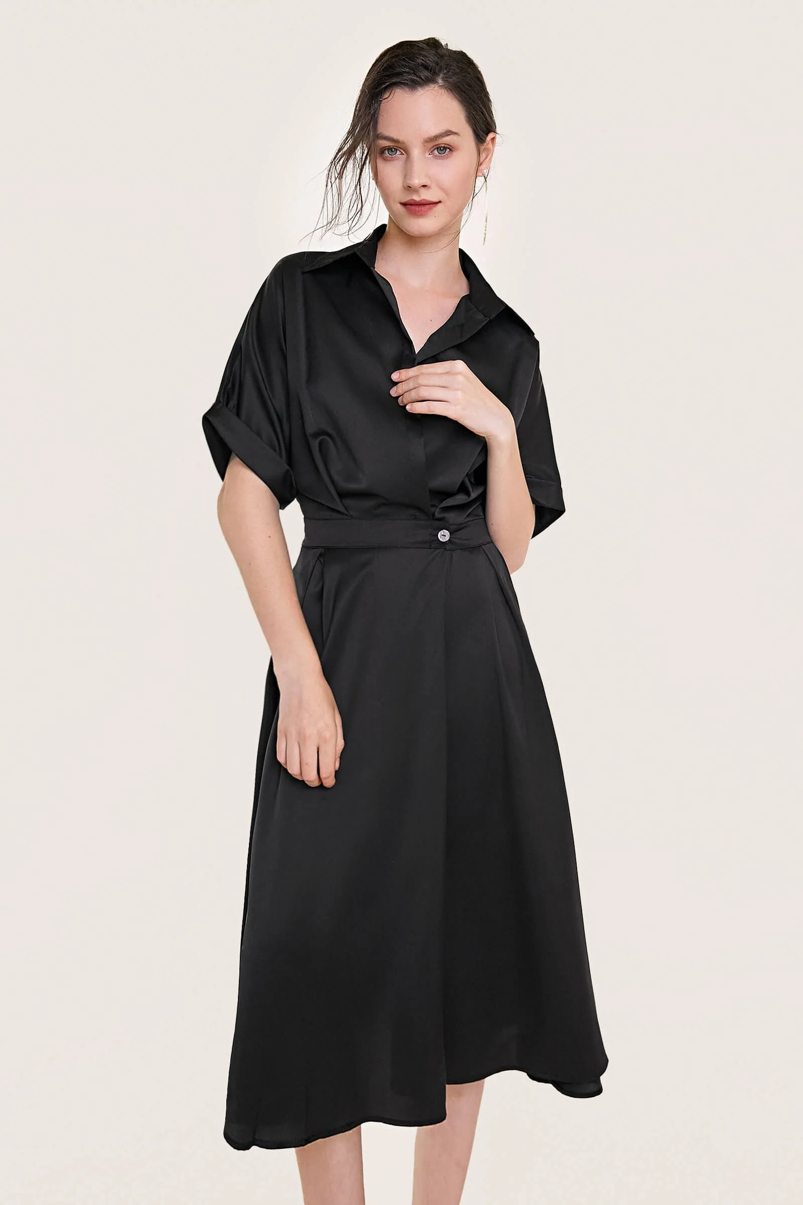 Black Short Sleeve Pleat Detail Shirt Dress - Image 6