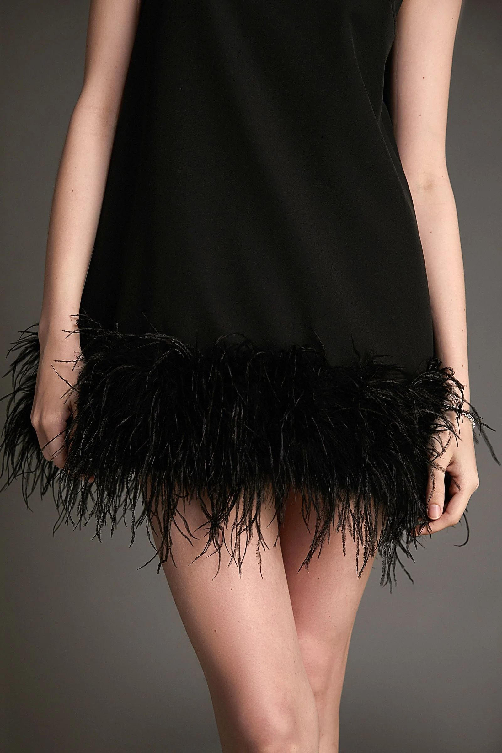 Black Sleeveless Mock Neck Feather-Trimmed Mini Dress - Image 2