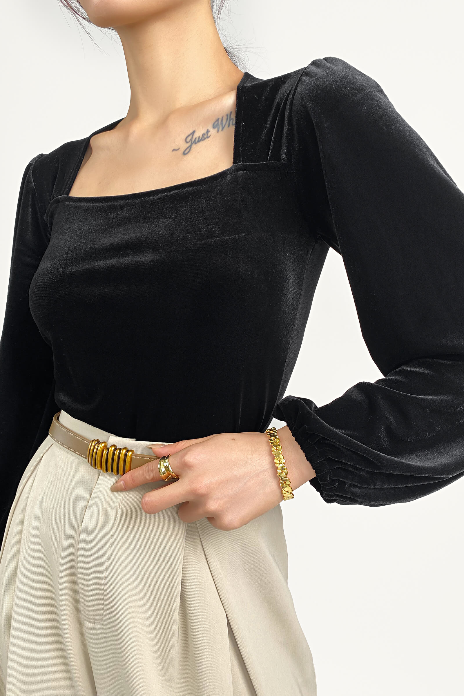 Black Velvet Balloon Sleeve Square Neck Blouse - Image 2