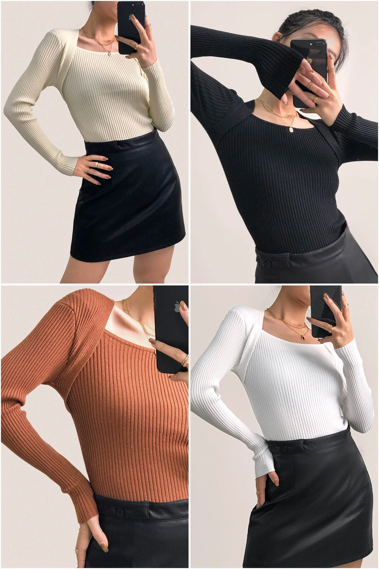 Brown Ribbed Knit Square Neck Sweater - Image 5