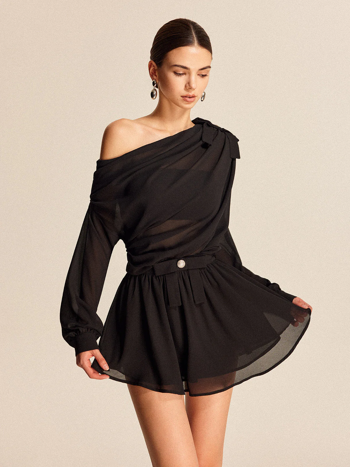 Semi-Sheer Chiffon One-Shoulder Bow Detail Skirt Set - Image 5