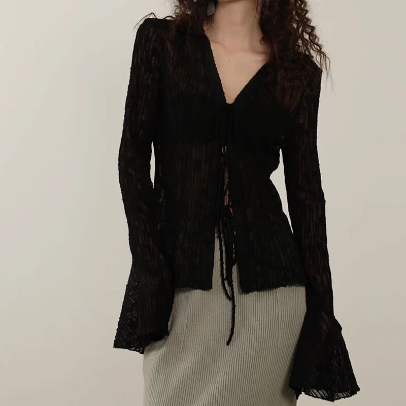 Chiffon Sheer Lettuce Trim Long Sleeve Shirt - Image 6