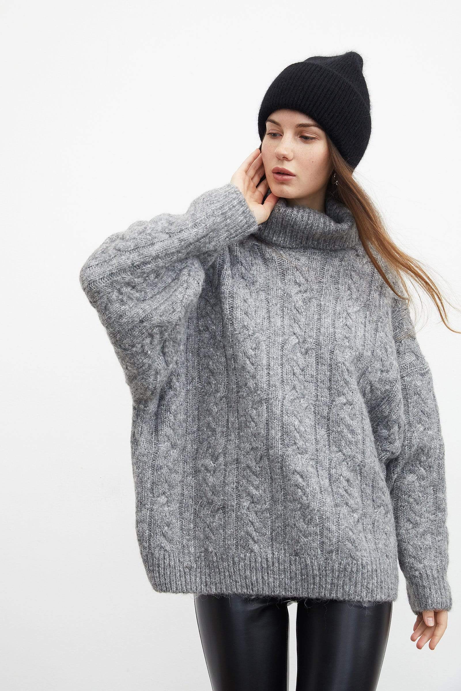 Chunky Grey Cable Knit Turtleneck - Image 7