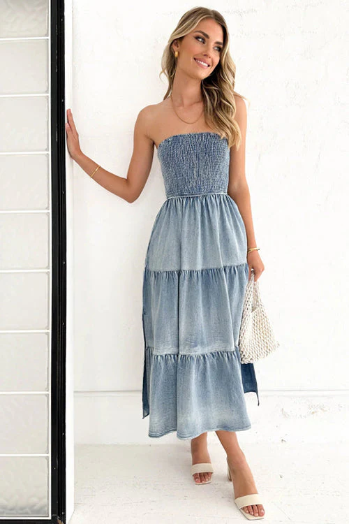 Complete Crush Denim Strapless Pleated Midi Dress - Image 3