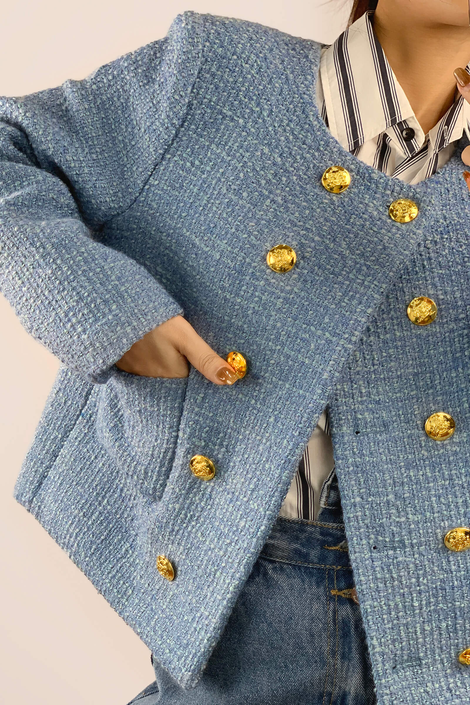 Cornflower Blue Double-Breasted Tweed Jacket With Gold Buttons - Image 2