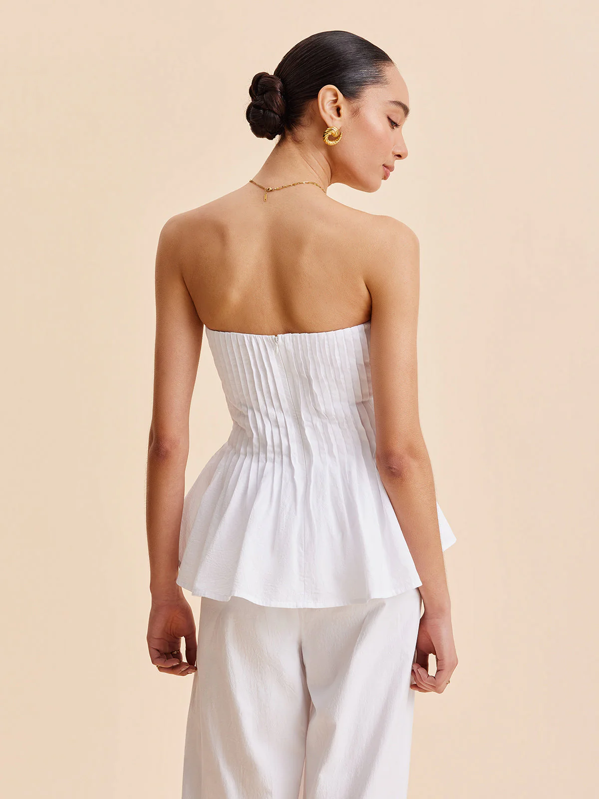 Cotton Pleated Strapless Peplum Top And Pants Set - Image 6