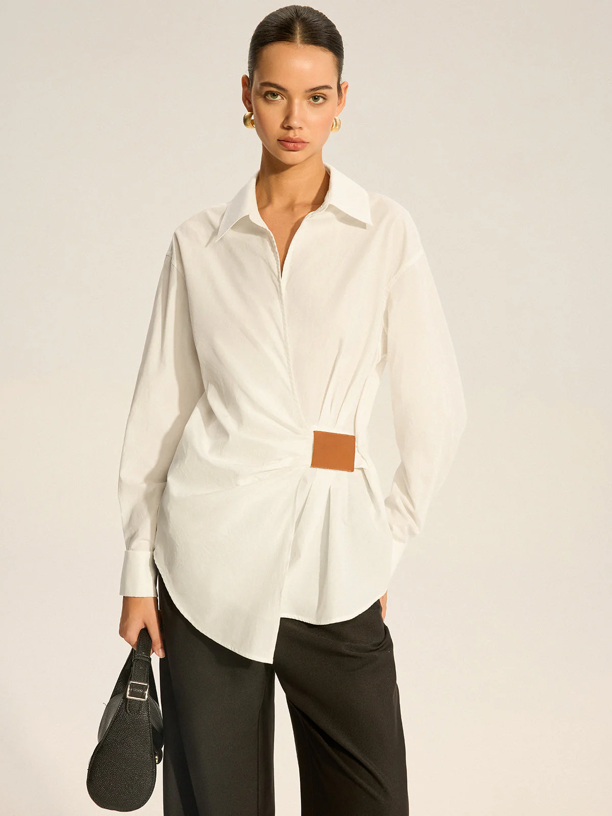 Cotton Ruched Shirt with Faux Leather Detail - Image 2
