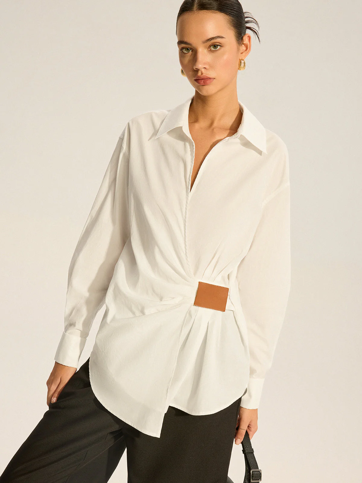 Cotton Ruched Shirt with Faux Leather Detail - Image 5
