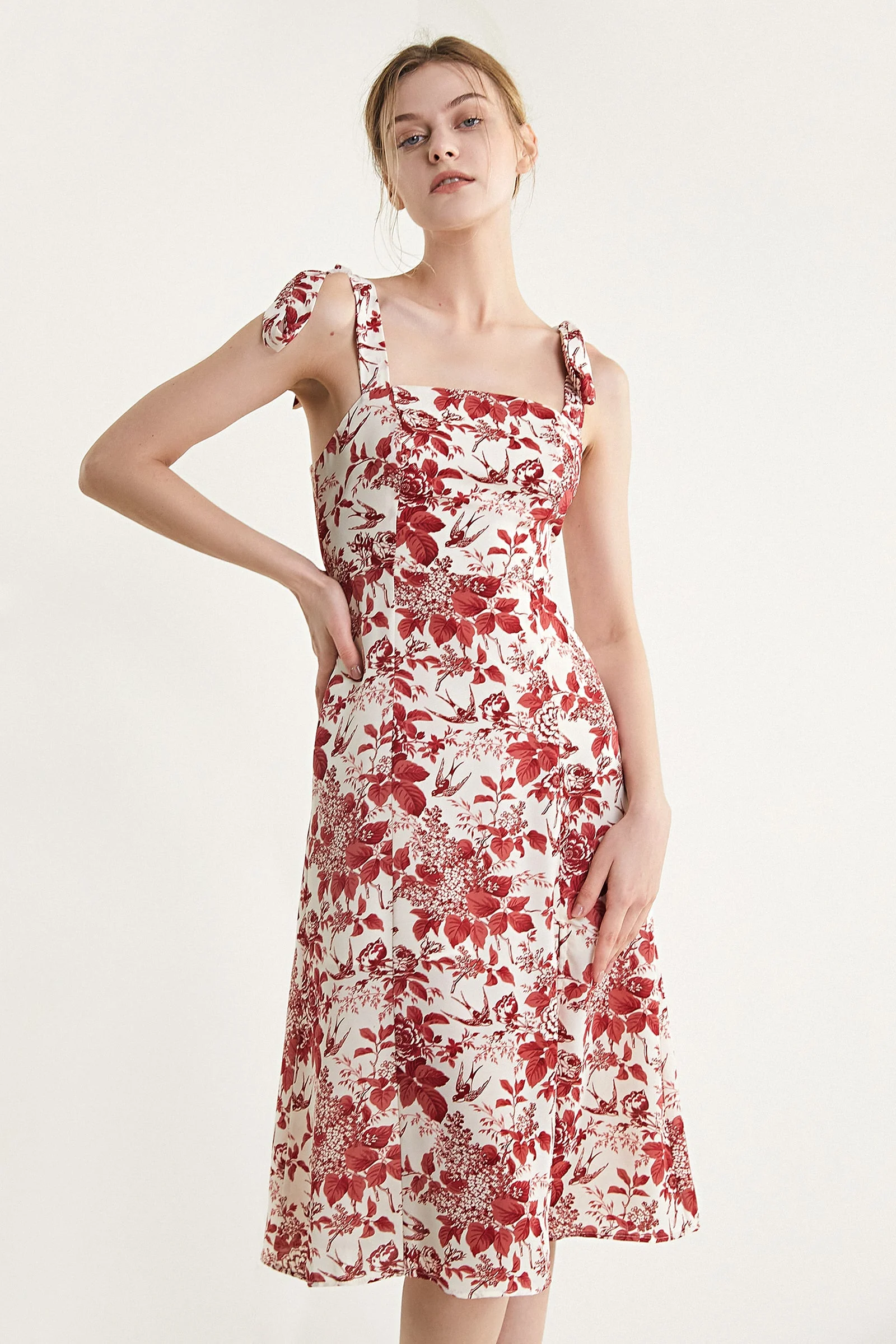 Beige Floral Print Tie Strap Slit Hem Midi Dress - Image 5