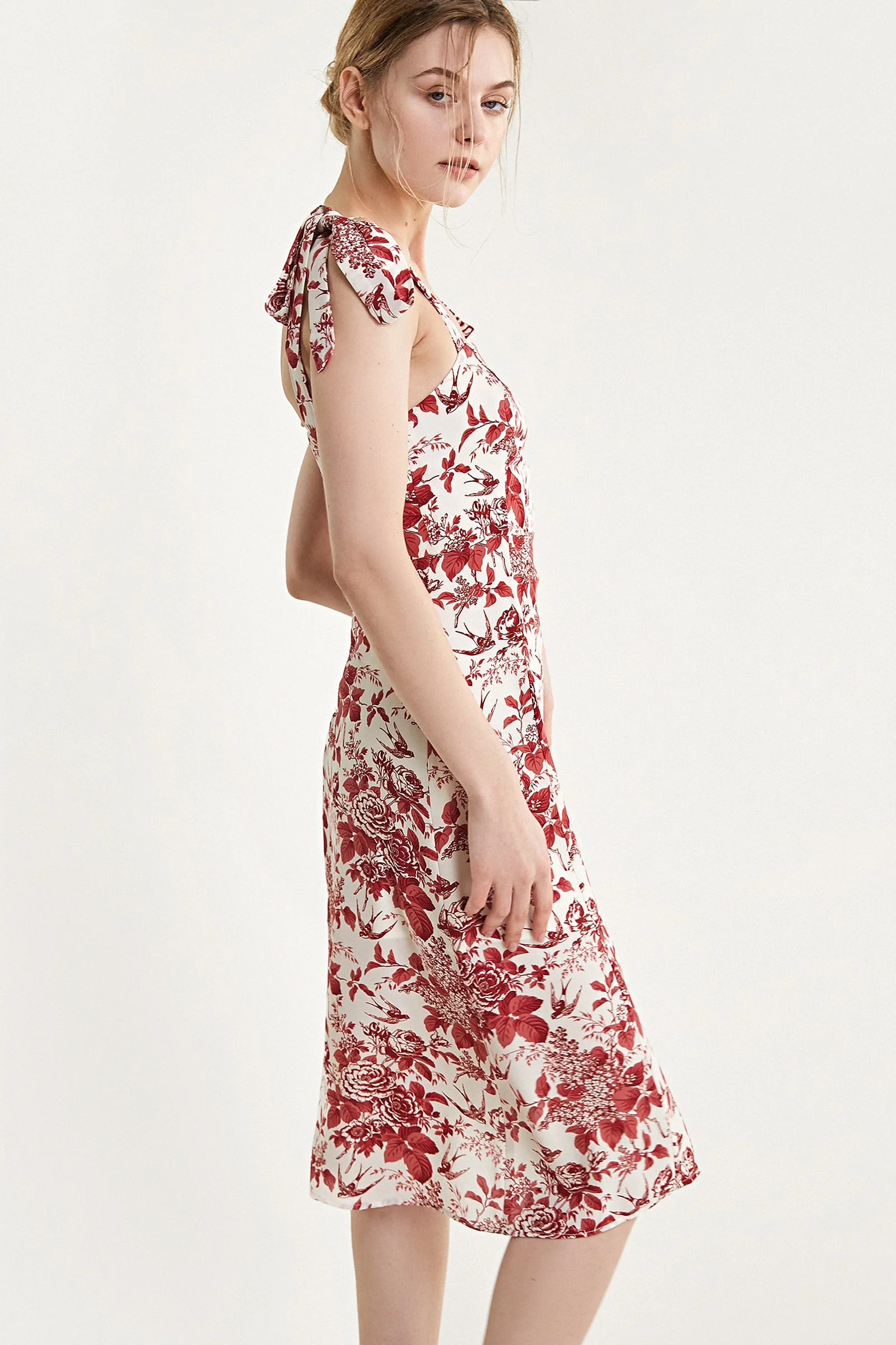 Beige Floral Print Tie Strap Slit Hem Midi Dress - Image 6