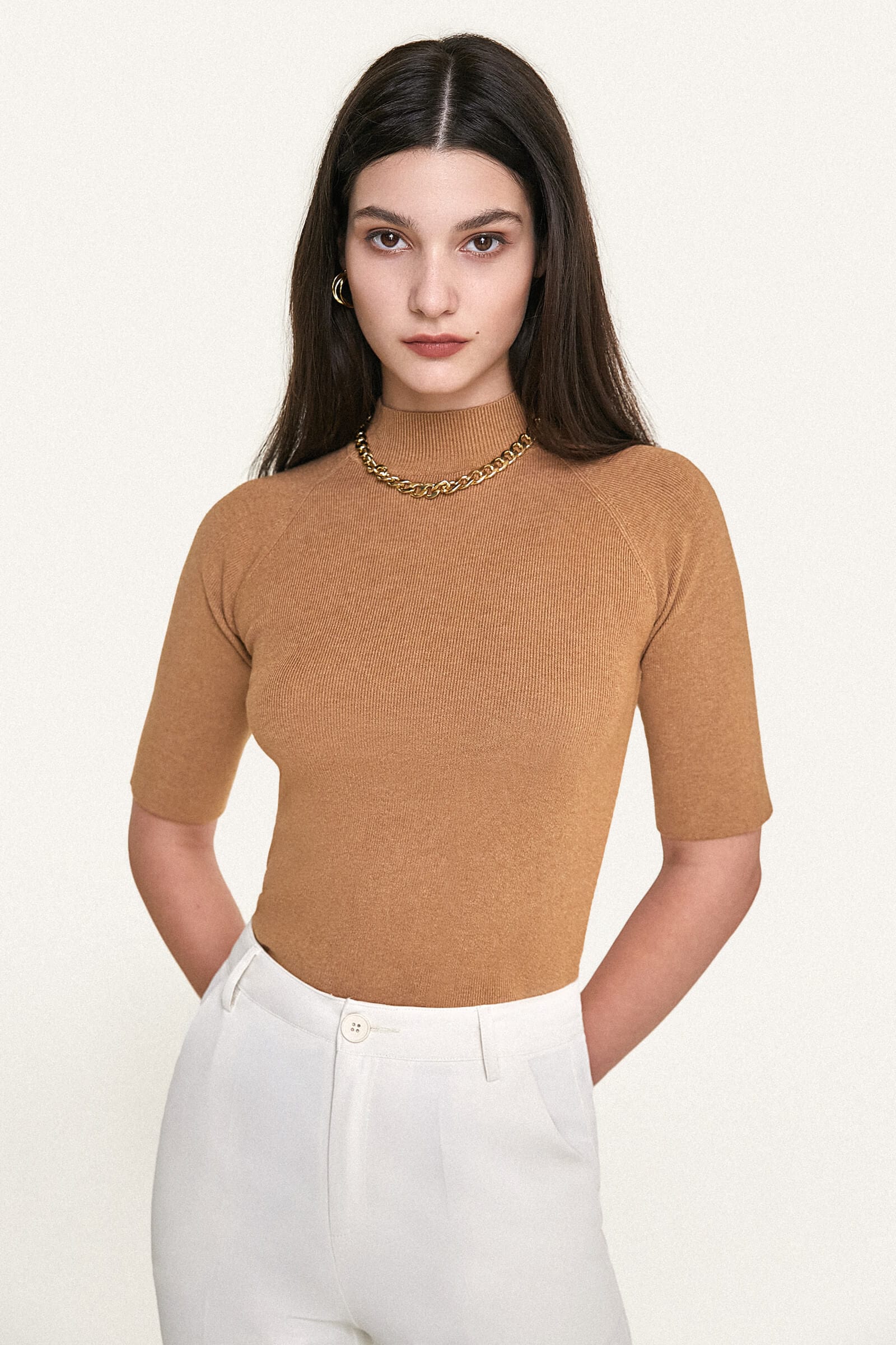 Dark Salmon Mock Neck Short Sleeve Ribbed Knit Sweater Top - Image 5