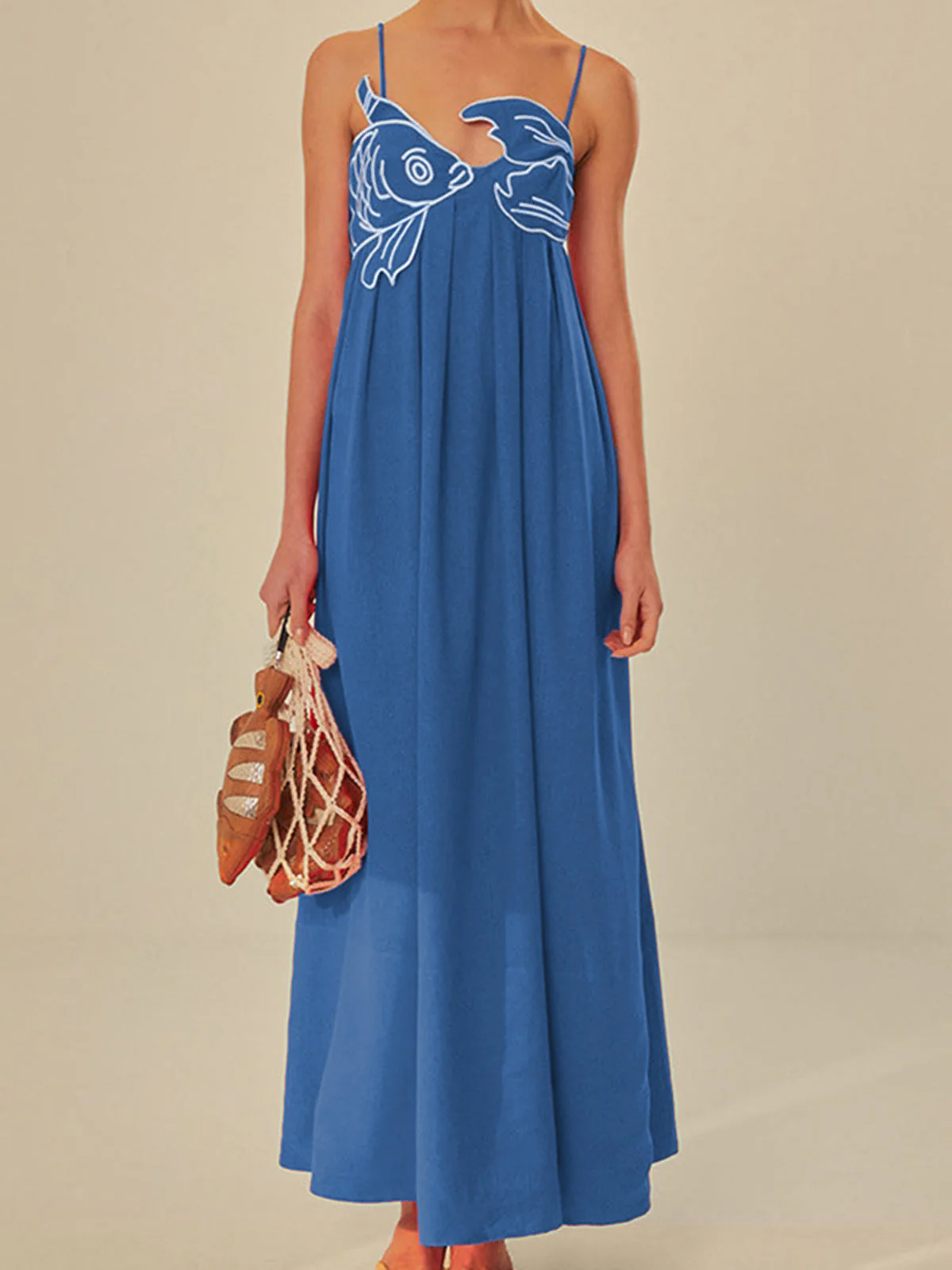 Embroidered Fish Spaghetti Strap Midi Dress - Image 8