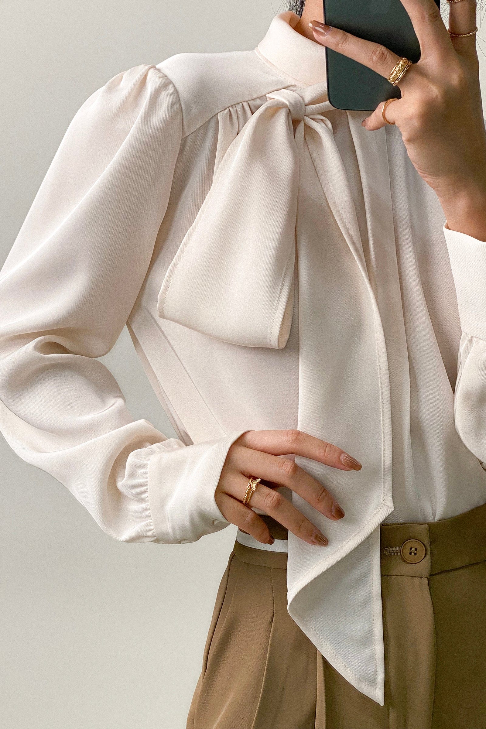 Floral White Satin High Neck Long Sleeve Blouse With Neck Tie - Image 5