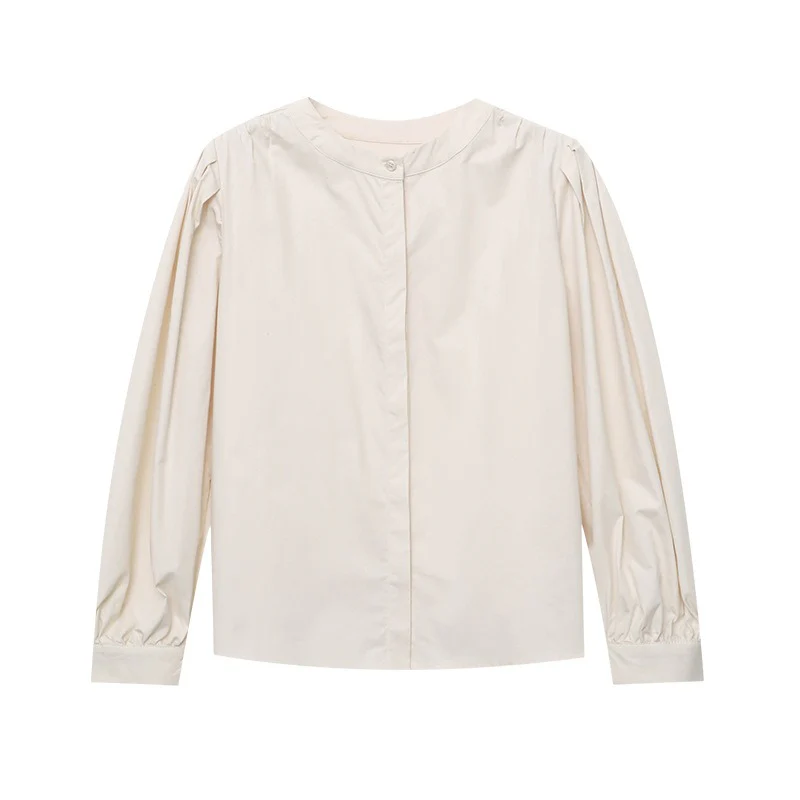French Retro Round Neck Pleated Loose Long-Sleeved Shirt - Image 5