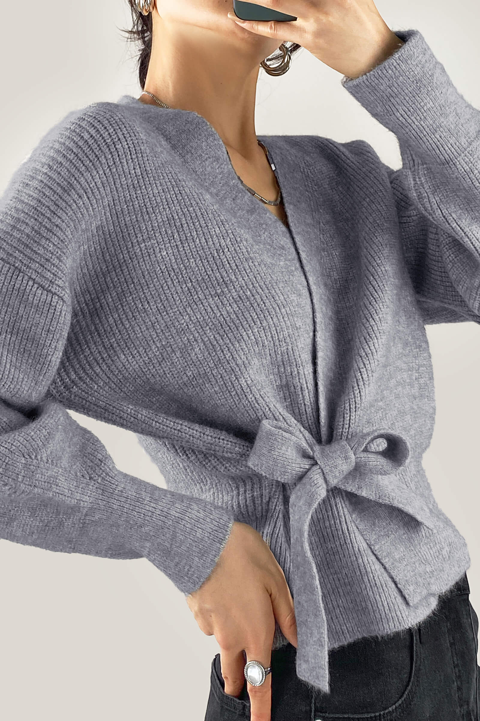 Grey Ribbed Knit Wrap Tie Side Cardigan - Image 6