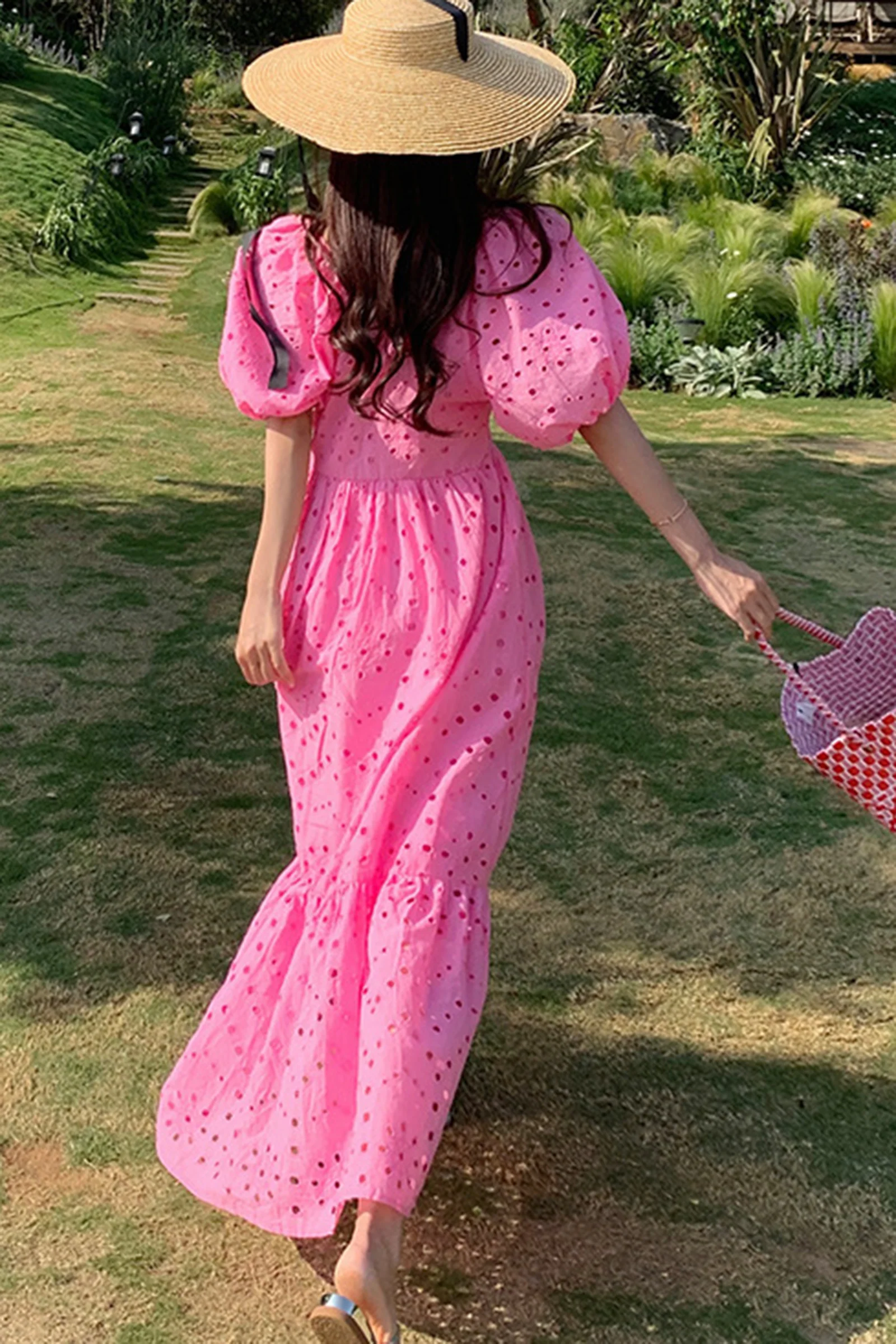 Hot Pink V Neck Balloon Sleeve Eyelet Maxi Dress - Image 7