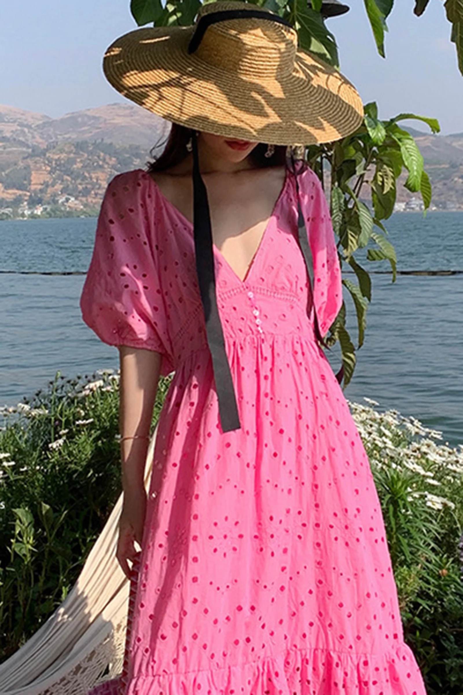 Hot Pink V Neck Balloon Sleeve Eyelet Maxi Dress - Image 8