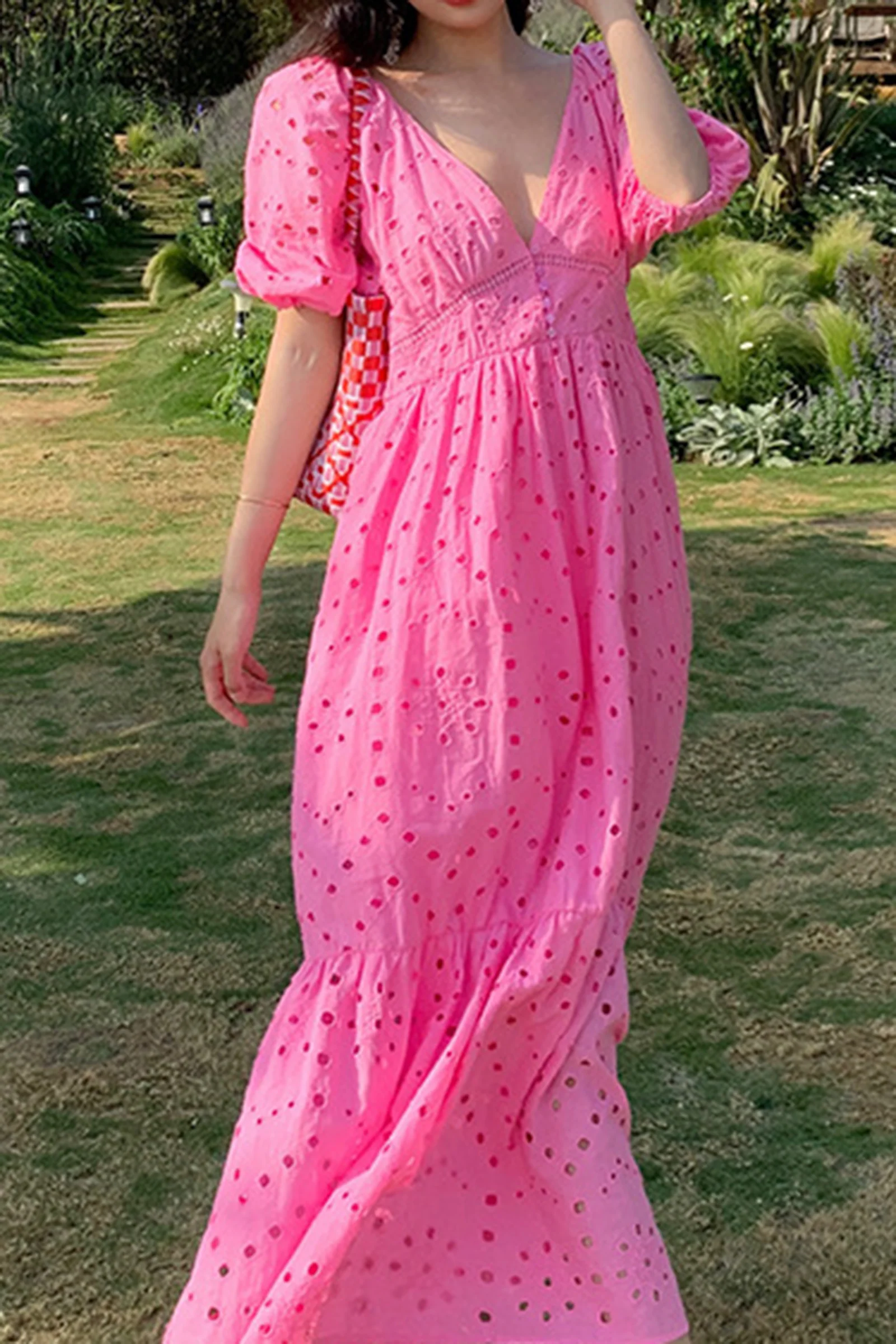 Hot Pink V Neck Balloon Sleeve Eyelet Maxi Dress - Image 9