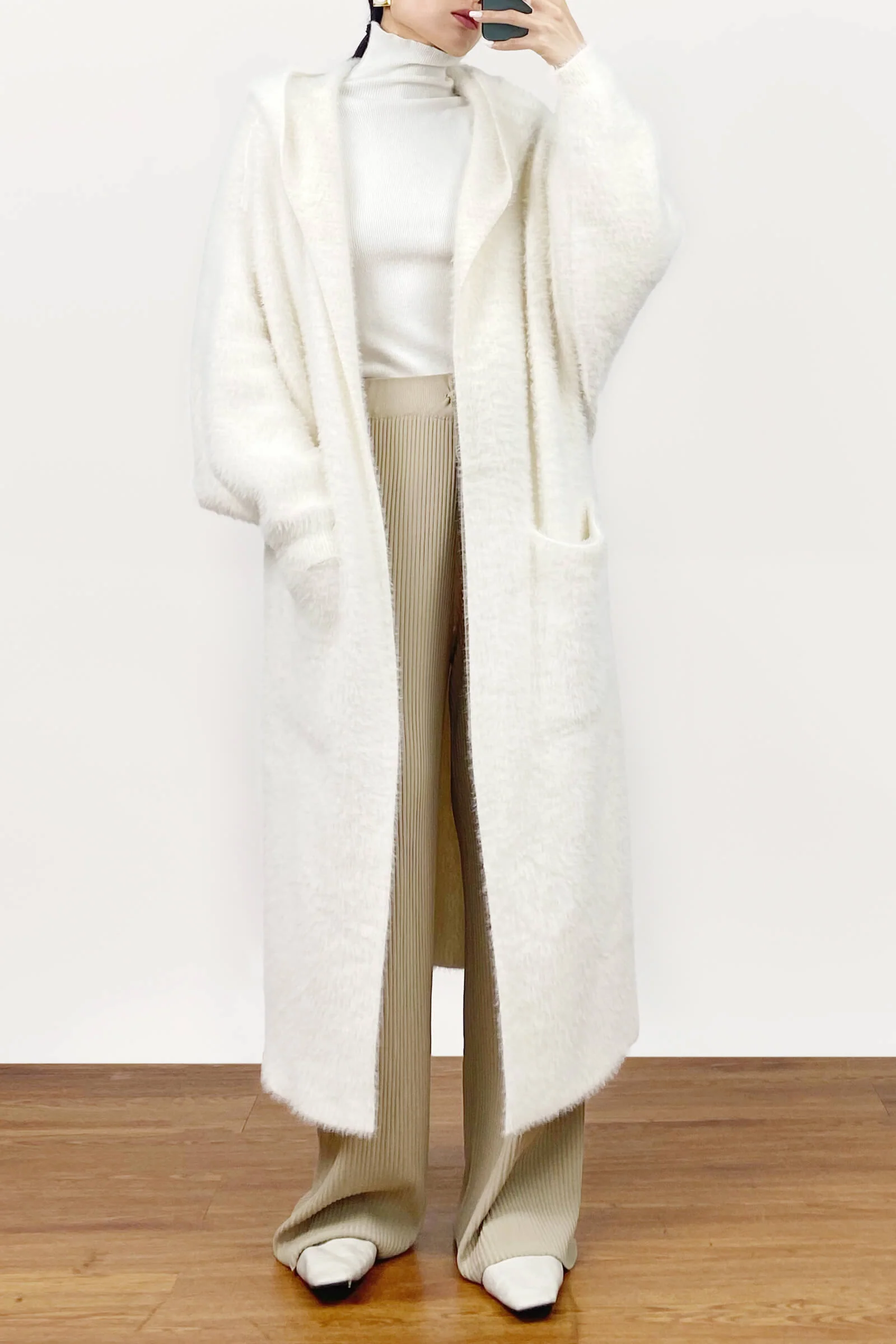 Ivory Faux Fur Open Front Hooded Long Cardigan - Image 11