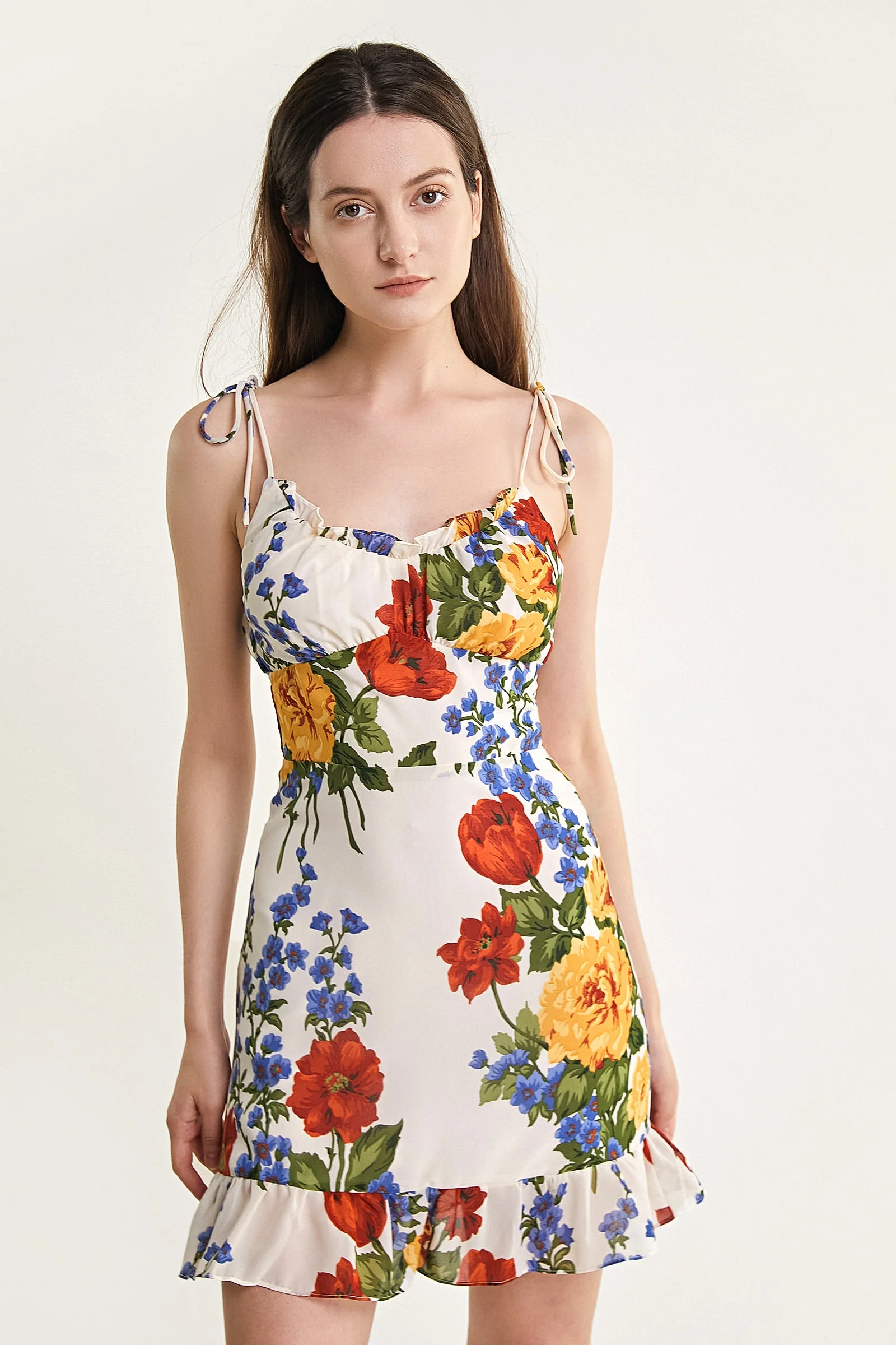 Ivory Floral Print Tie Strap Ruffled Hem Mini Dress - Image 6