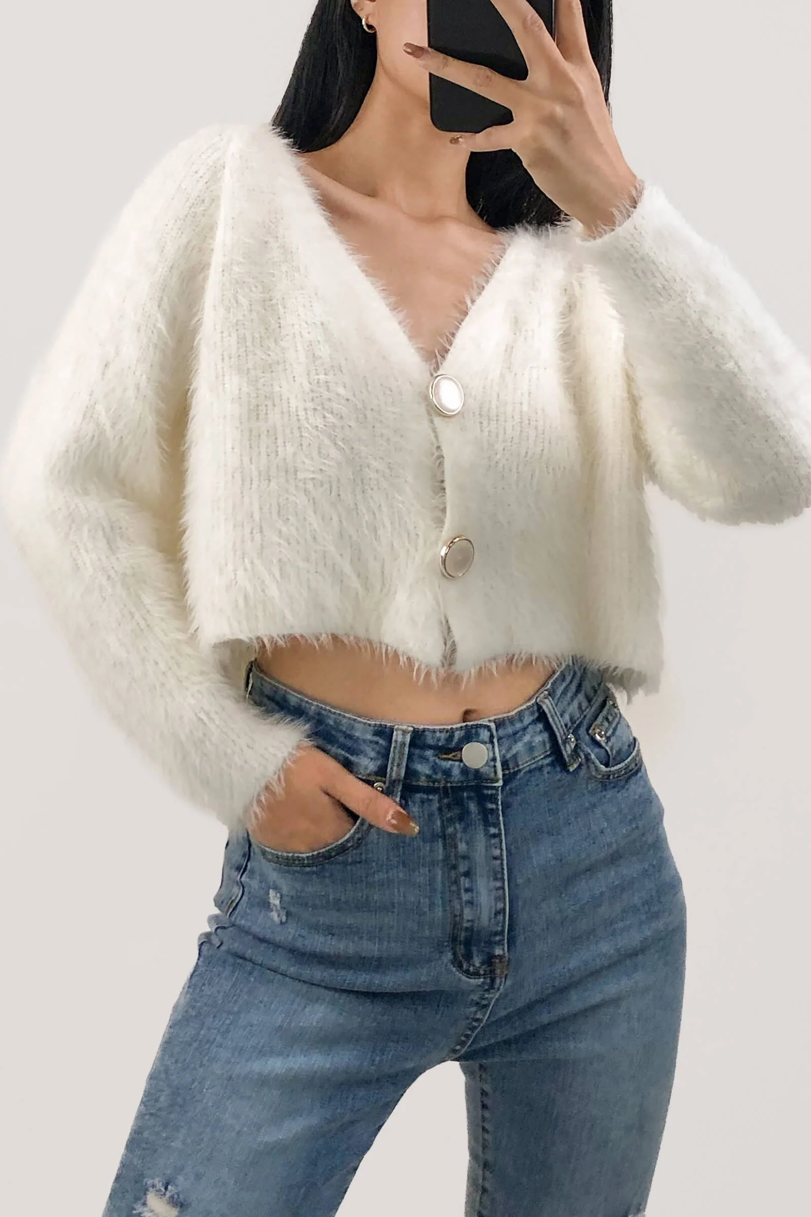 Ivory V-Neck Fuzzy Knit Cropped Cardigan - Image 6