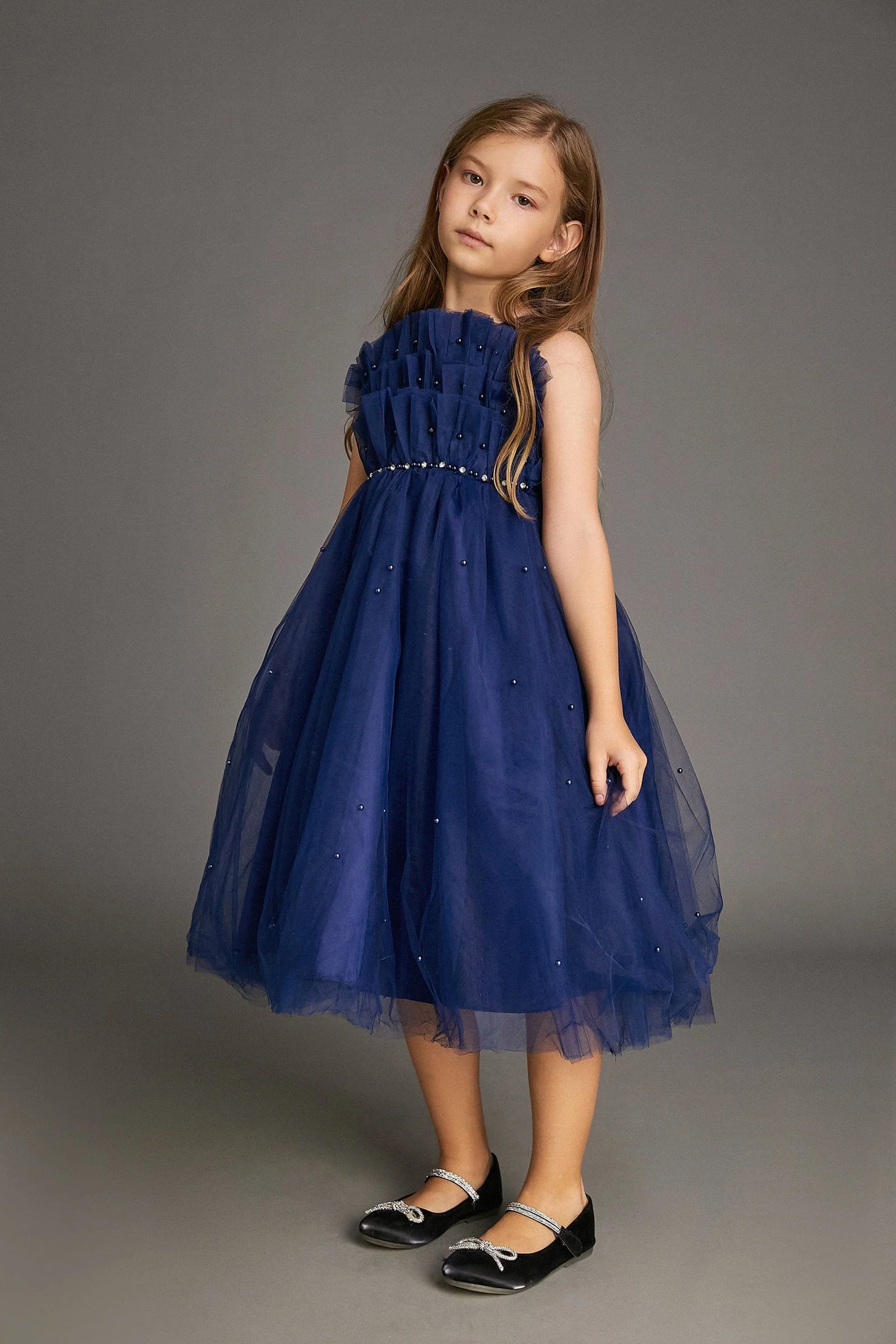 Kids Girls Midnight Blue Strapless Ruffled Pearl-Embellished Tulle Maxi Party Dress - Image 2
