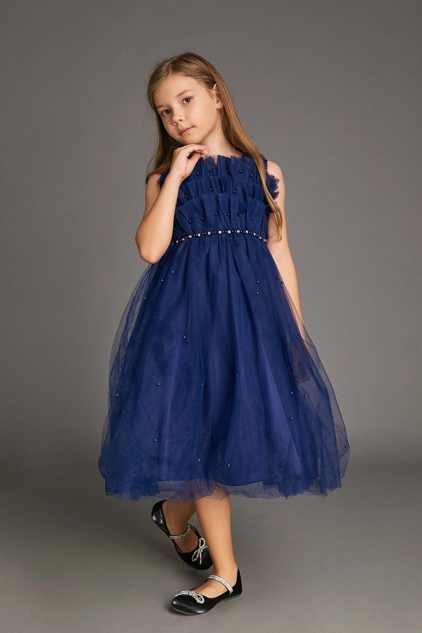 Kids Girls Midnight Blue Strapless Ruffled Pearl-Embellished Tulle Maxi Party Dress - Image 3
