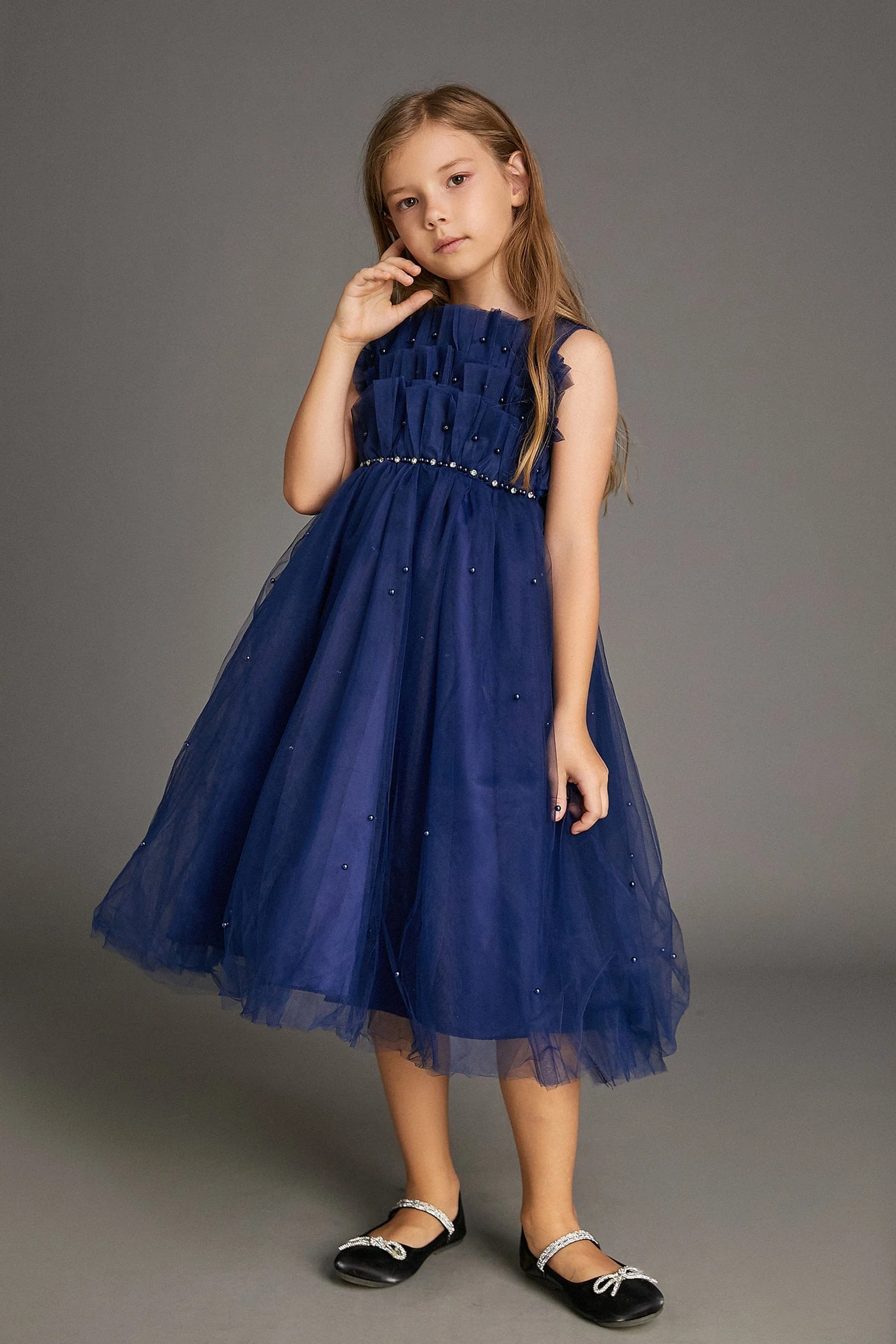 Kids Girls Midnight Blue Strapless Ruffled Pearl-Embellished Tulle Maxi Party Dress - Image 4