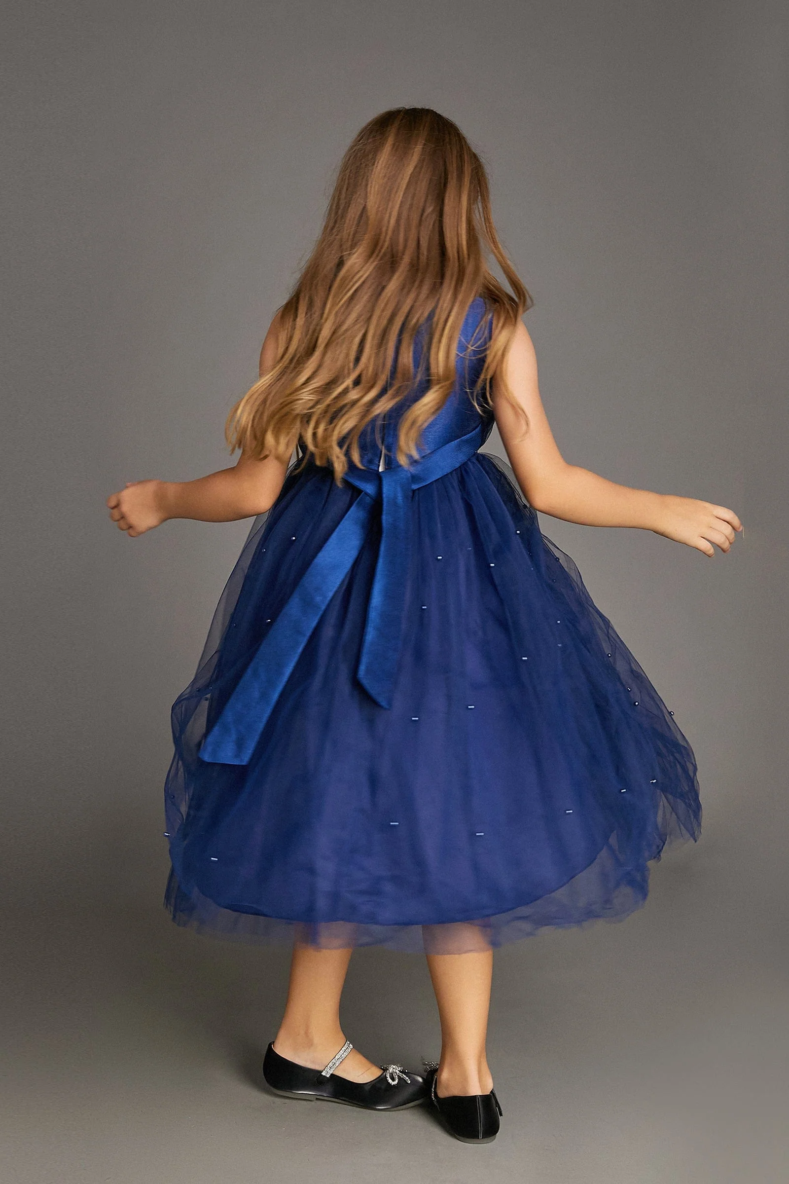 Kids Girls Midnight Blue Strapless Ruffled Pearl-Embellished Tulle Maxi Party Dress - Image 5