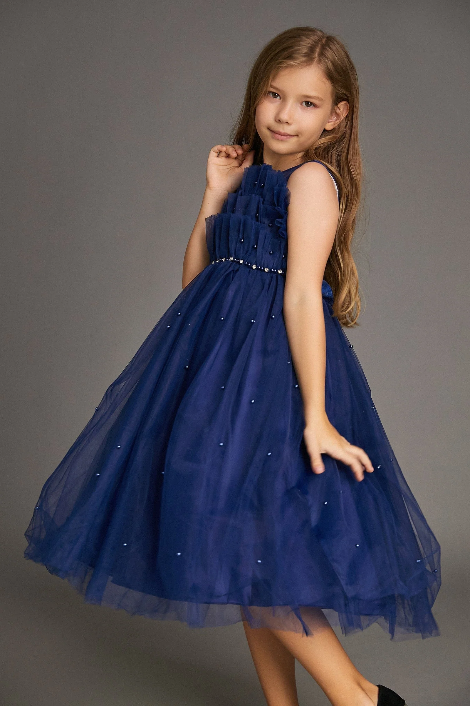 Kids Girls Midnight Blue Strapless Ruffled Pearl-Embellished Tulle Maxi Party Dress - Image 6
