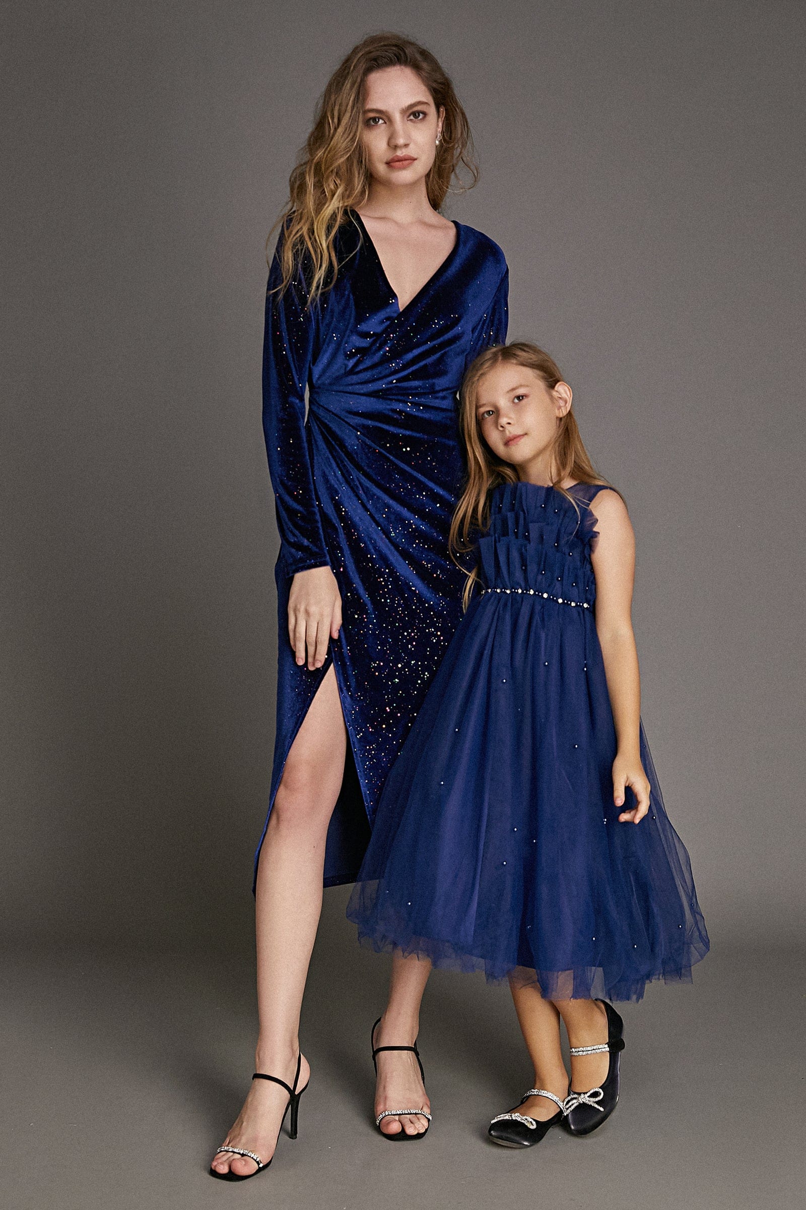 Kids Girls Midnight Blue Strapless Ruffled Pearl-Embellished Tulle Maxi Party Dress - Image 7